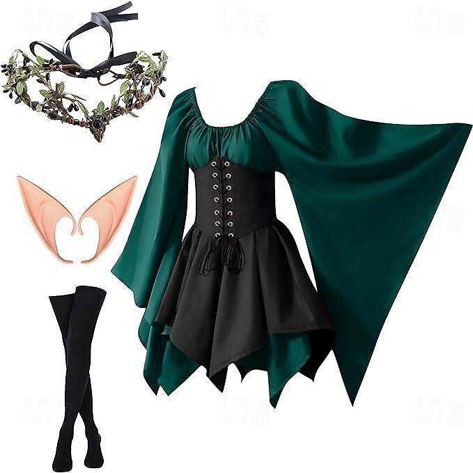 Medieval Elven Style Women's Cosplay Dress & Headwear Set