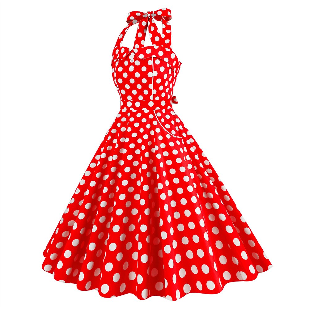 Women's 1950s Polka Dot Halter Neck Swing Dress
