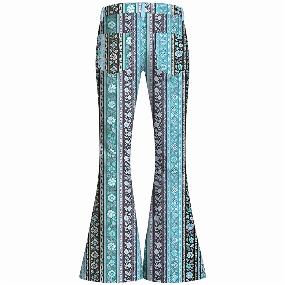 Retro 70s Striped Floral High Waist Wide Flared Trousers