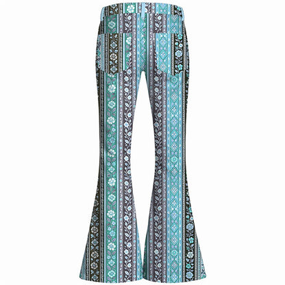 Retro 70s Striped Floral High Waist Wide Flared Trousers