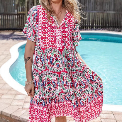 Retro 70s Bohemian Ethnic V-neck Empire Waist Mini Dress