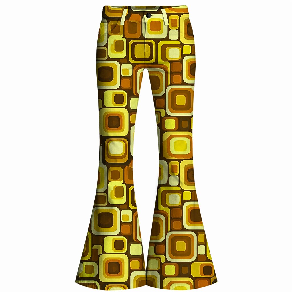 Retro 70s Geometric Square High Waist Wide Flared Trousers