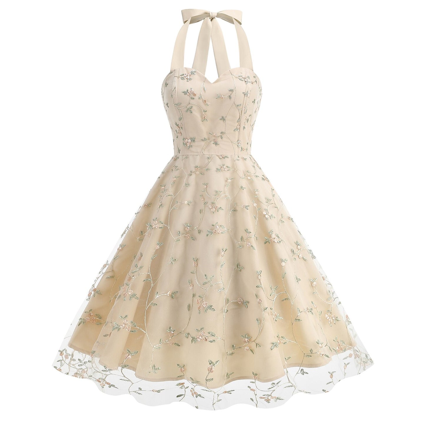 Floral Embroidered Halter Midi Dress