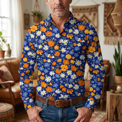 Retro 70S Vintage Floral Daisy Poppy Pattern Long Sleeves Collar Shirt