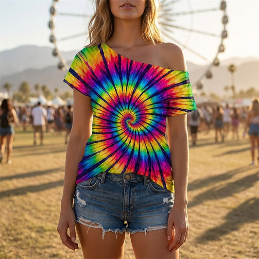Retro 70s Tie-Dye Swirl One Shoulder Short Sleeves T-shirt