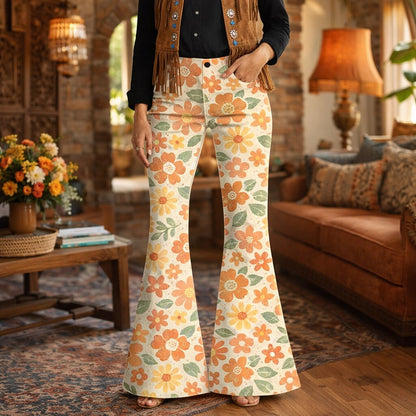 Retro 70s Boho Daisy Floral High Waist Wide Flared Trousers