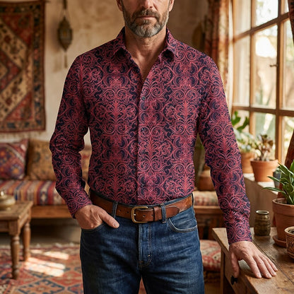 Retro 70S Vintage Ornate Baroque Pattern Long Sleeves Collar Shirt