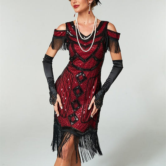 Red Sequin Art Deco Flapper Dress