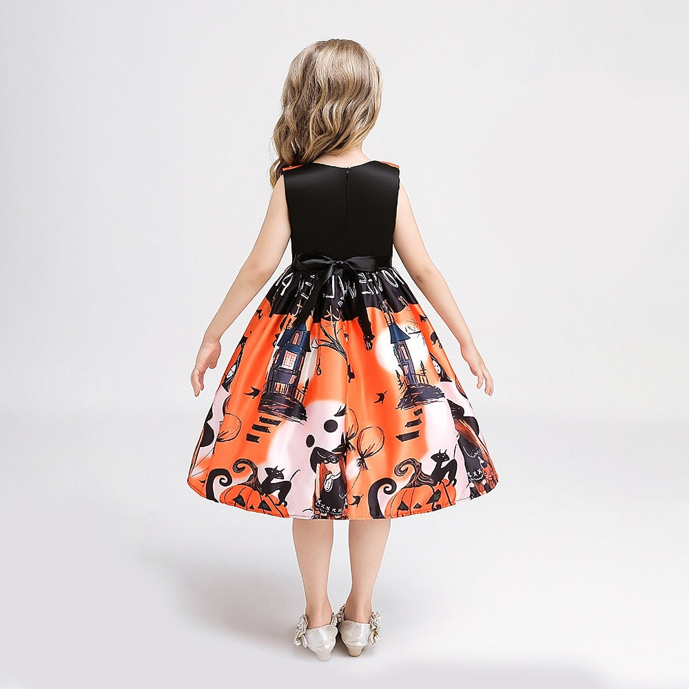 Girls Halloween Pumpkin Print Dress