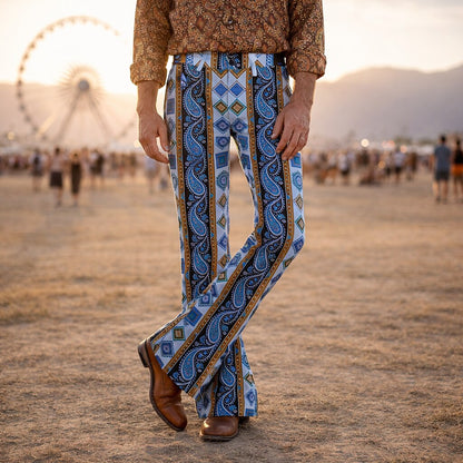 Retro 70s Paisley Geometric High Waist Wide Flared Trousers