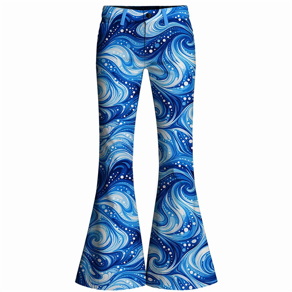 Retro 70s Swirling Waves High Waist Wide Flared Trousers
