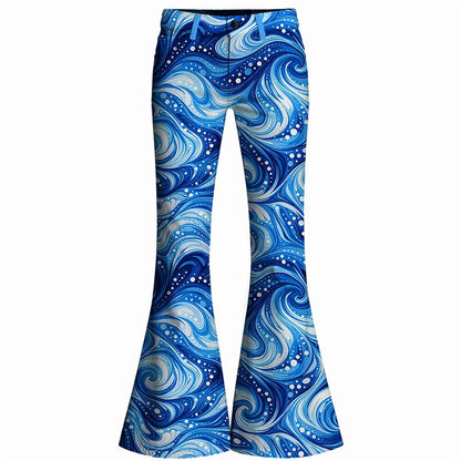 Retro 70s Swirling Waves High Waist Wide Flared Trousers