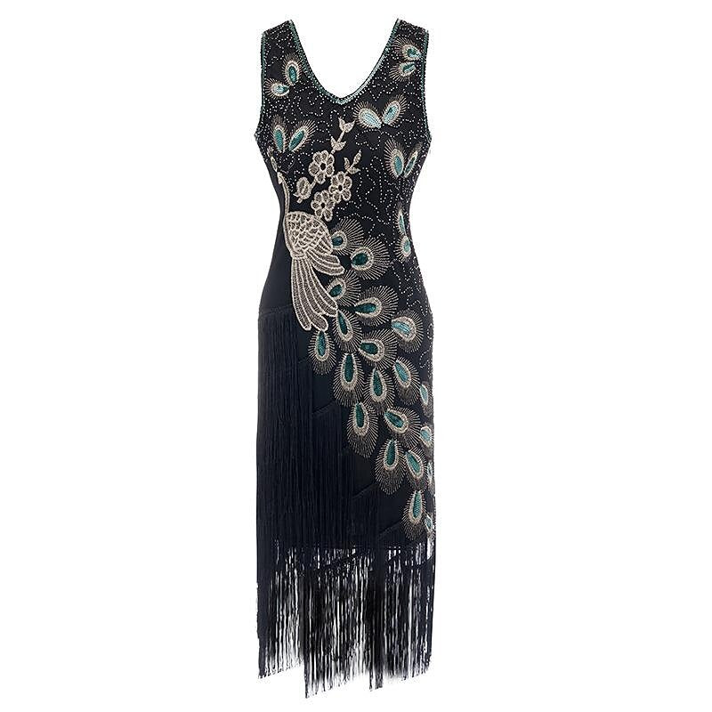 Irregular Tassel Peacock Flapper Dress with ACCs