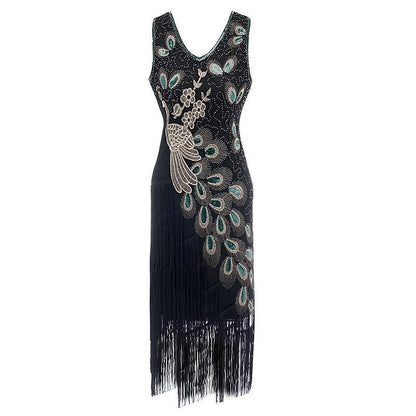 Irregular Tassel Peacock Flapper Dress with ACCs