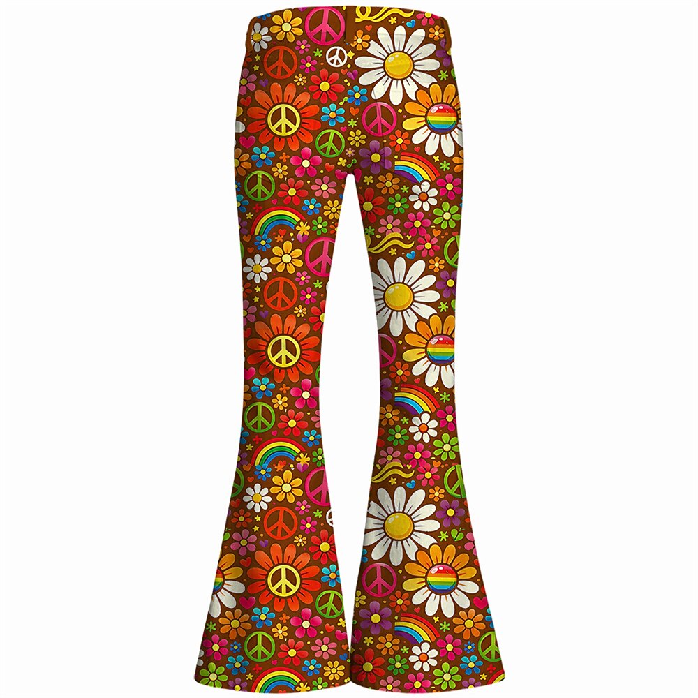 Retro 70s Peace Sign Floral Rainbow High Waist Wide Flared Trousers