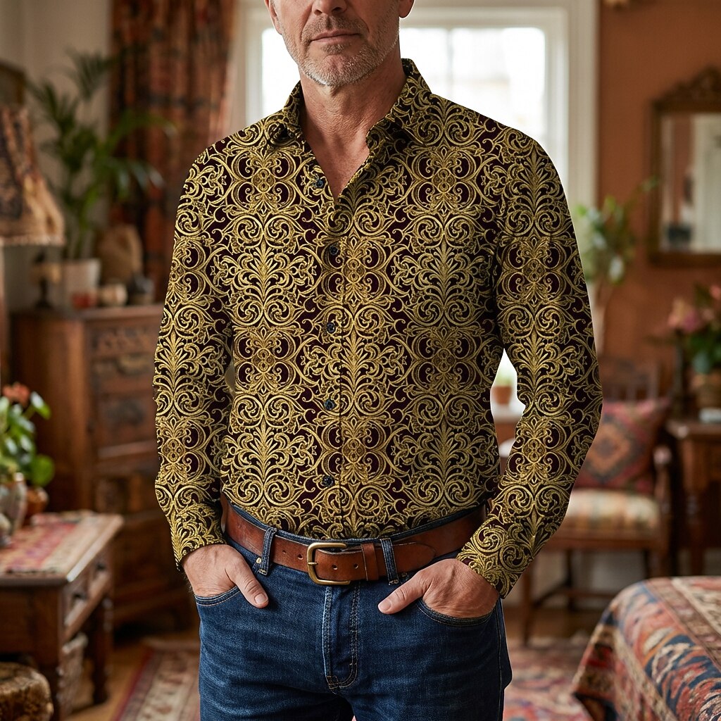 Retro 70S Vintage Ornate Baroque Pattern Long Sleeves Collar Shirt