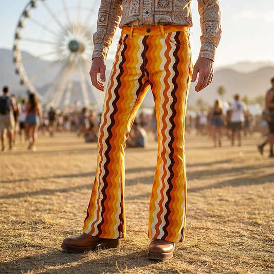 Retro 70s Zigzag Print High Waist Wide Flared Trousers