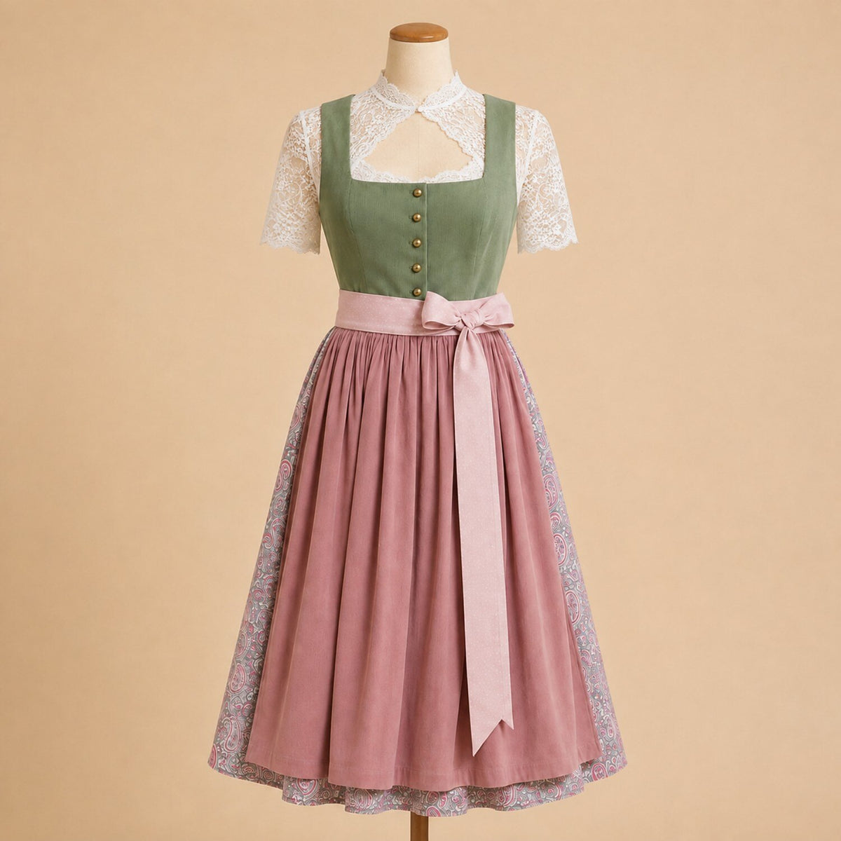 Premium Sage Green & Dusty Rose Oktoberfest Dirndl and White Lace Blouse Set