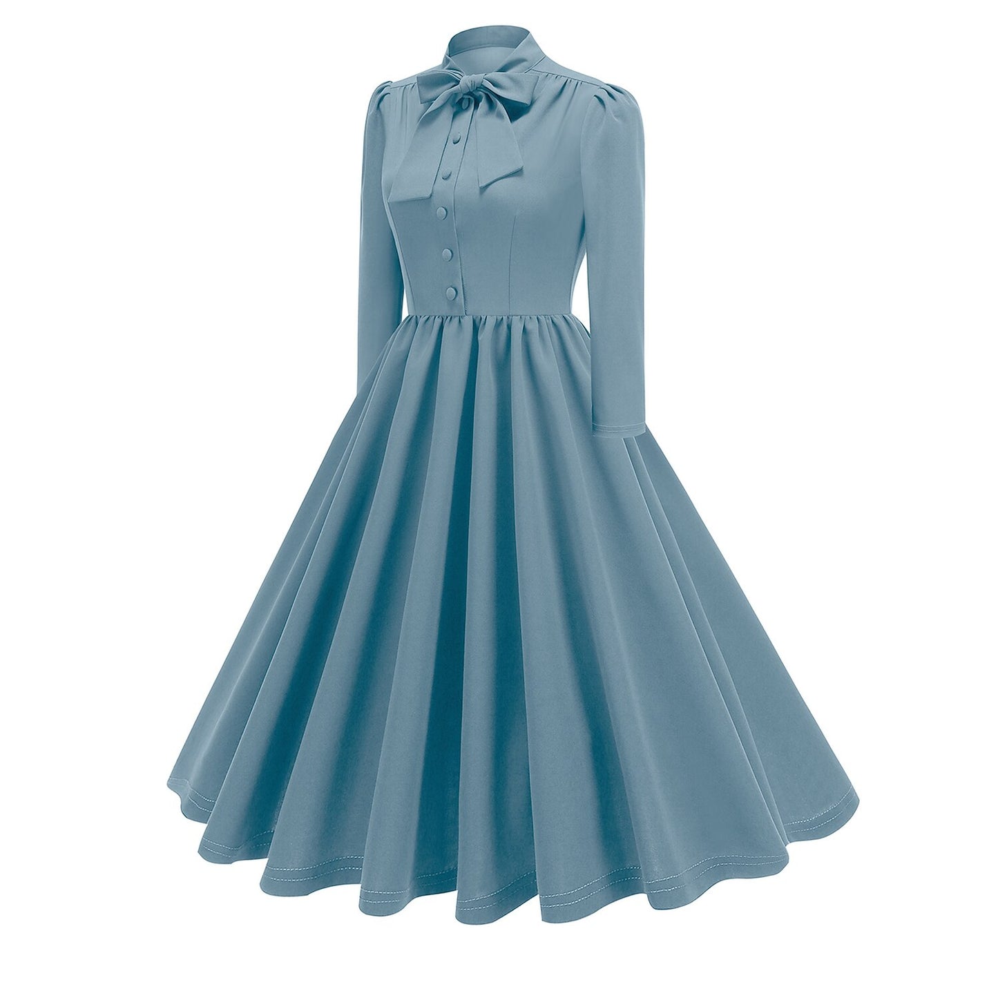Women's 1950s Bow Tie Neck Long Sleeve A-Line Dress