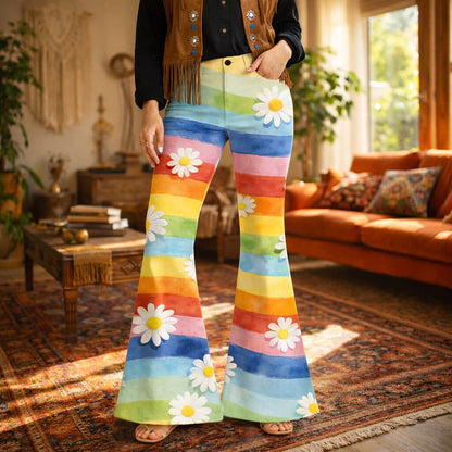 Retro 70s Rainbow Stripe Daisy High Waist Wide Flared Trousers