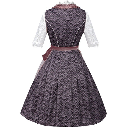 Lila besticktes Dirndlkleid mit Spitzenschürze und Bluse fürs Oktoberfest 
