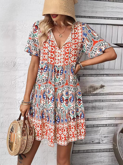 Retro 70s Bohemian Ethnic V-neck Empire Waist Mini Dress