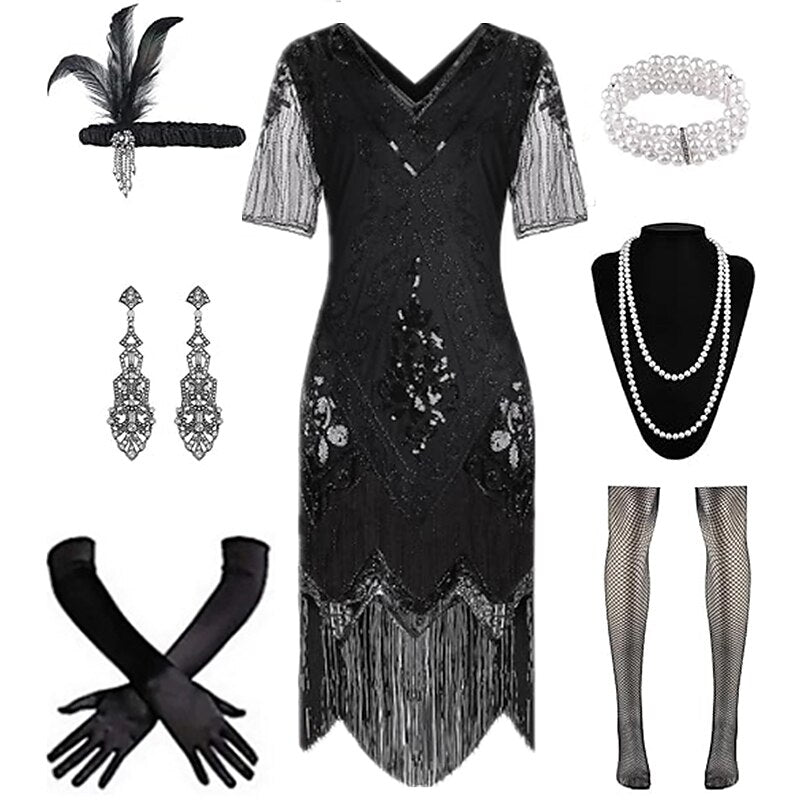 Art Deco Beaded Fringe Flapper Dress with Accessories Set