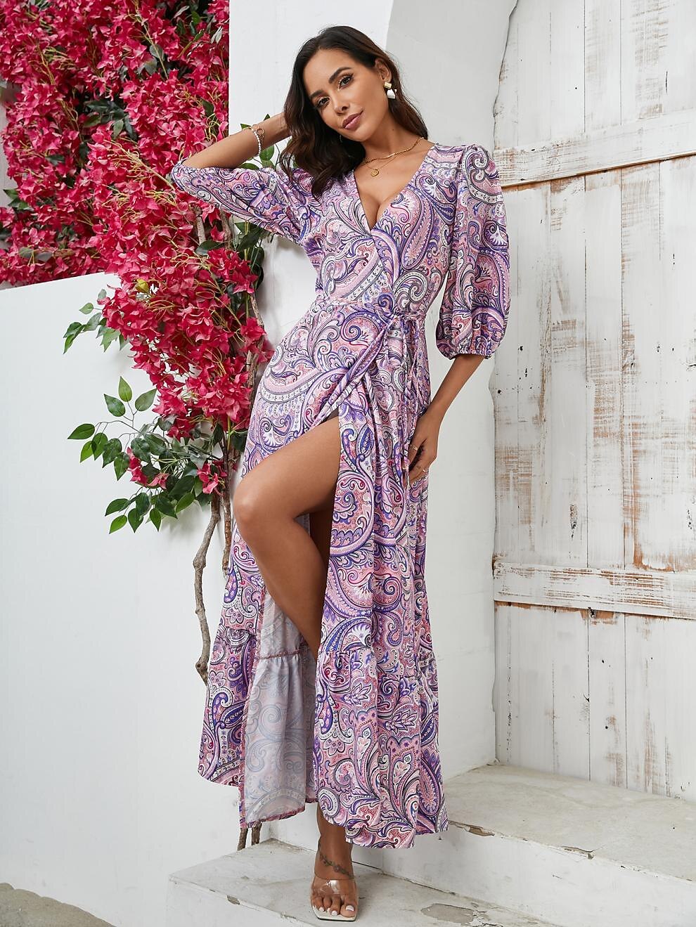 Retro 70s Bohemian Paisley Wrap V-neck Maxi Dress