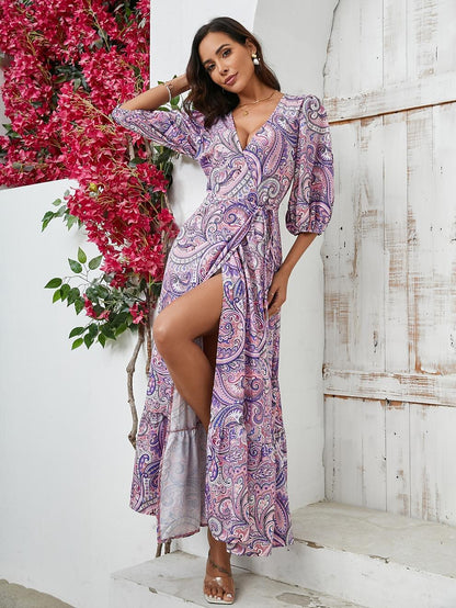 Retro 70s Bohemian Paisley Wrap V-neck Maxi Dress