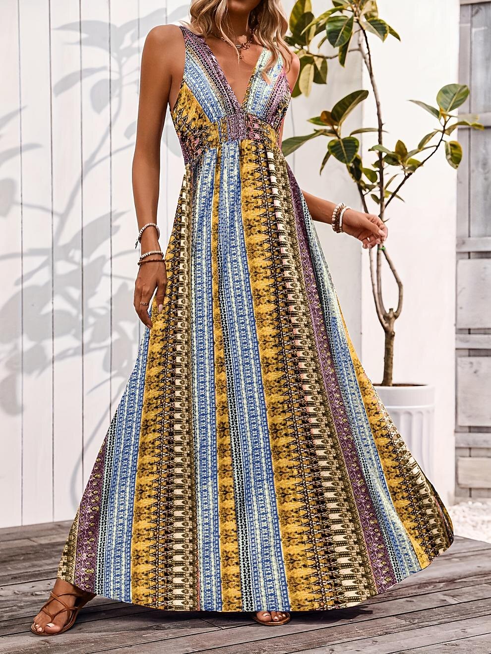 Retro 70s Bohemian Ethnic V-neck Empire Waist Flowy Maxi Dress