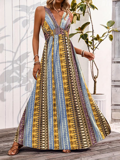 Retro 70s Bohemian Ethnic V-neck Empire Waist Flowy Maxi Dress