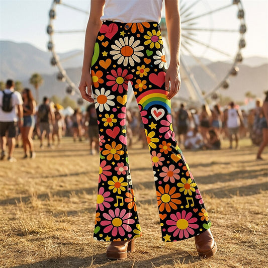 Retro 70s Floral Hearts Music Notes Rainbow High Waist Wide Flared Trousers