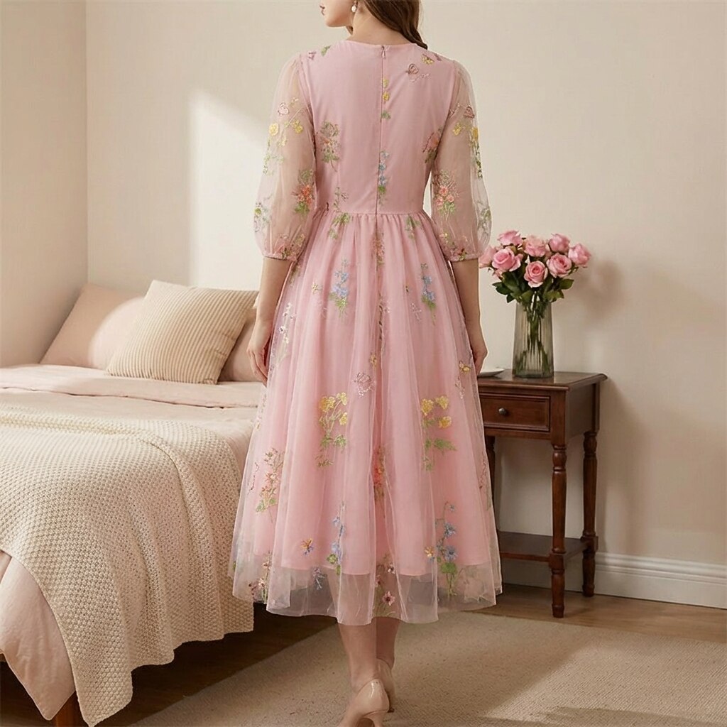 Floral Embroidered V-Neck Midi Dress