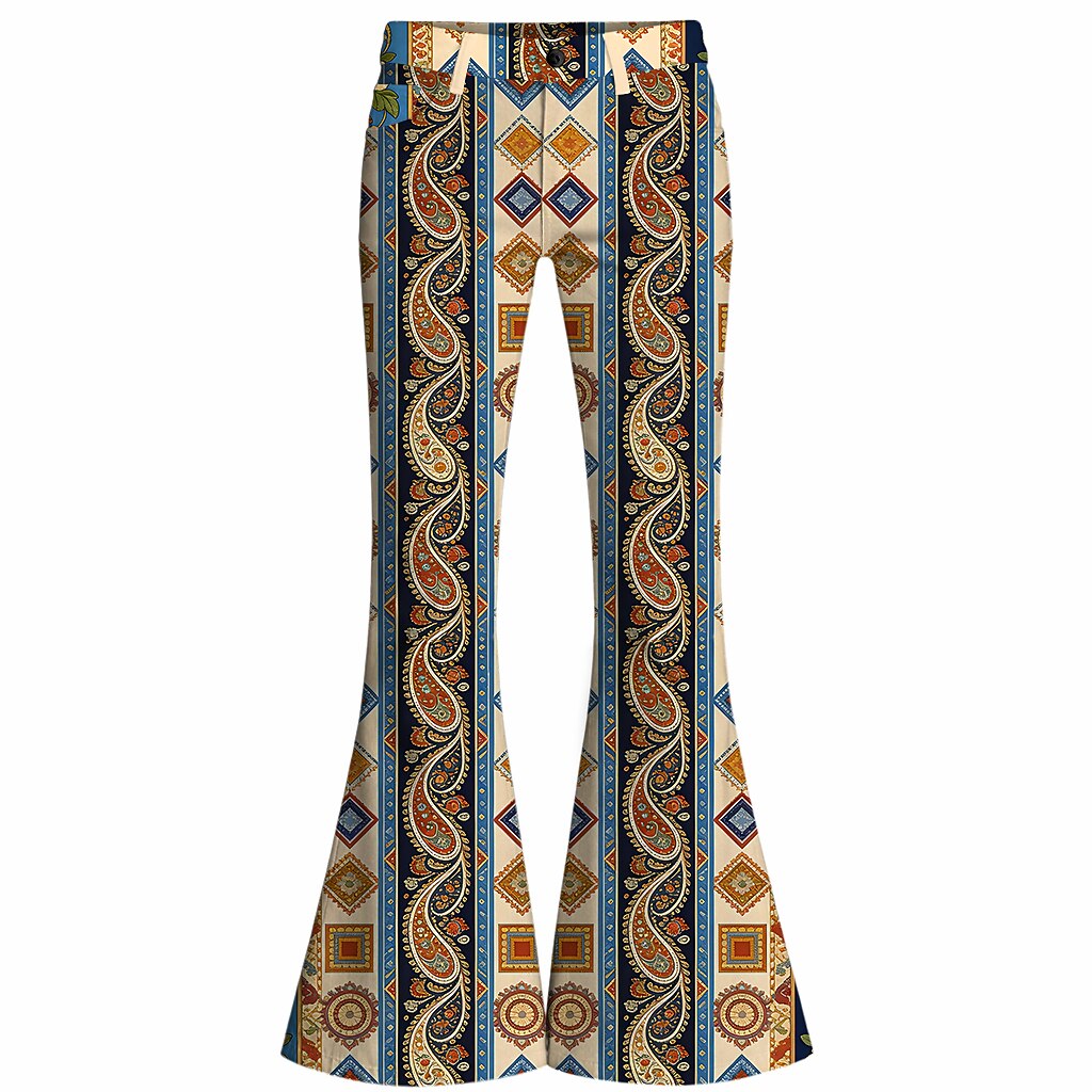 Retro 70s Paisley Geometric High Waist Wide Flared Trousers
