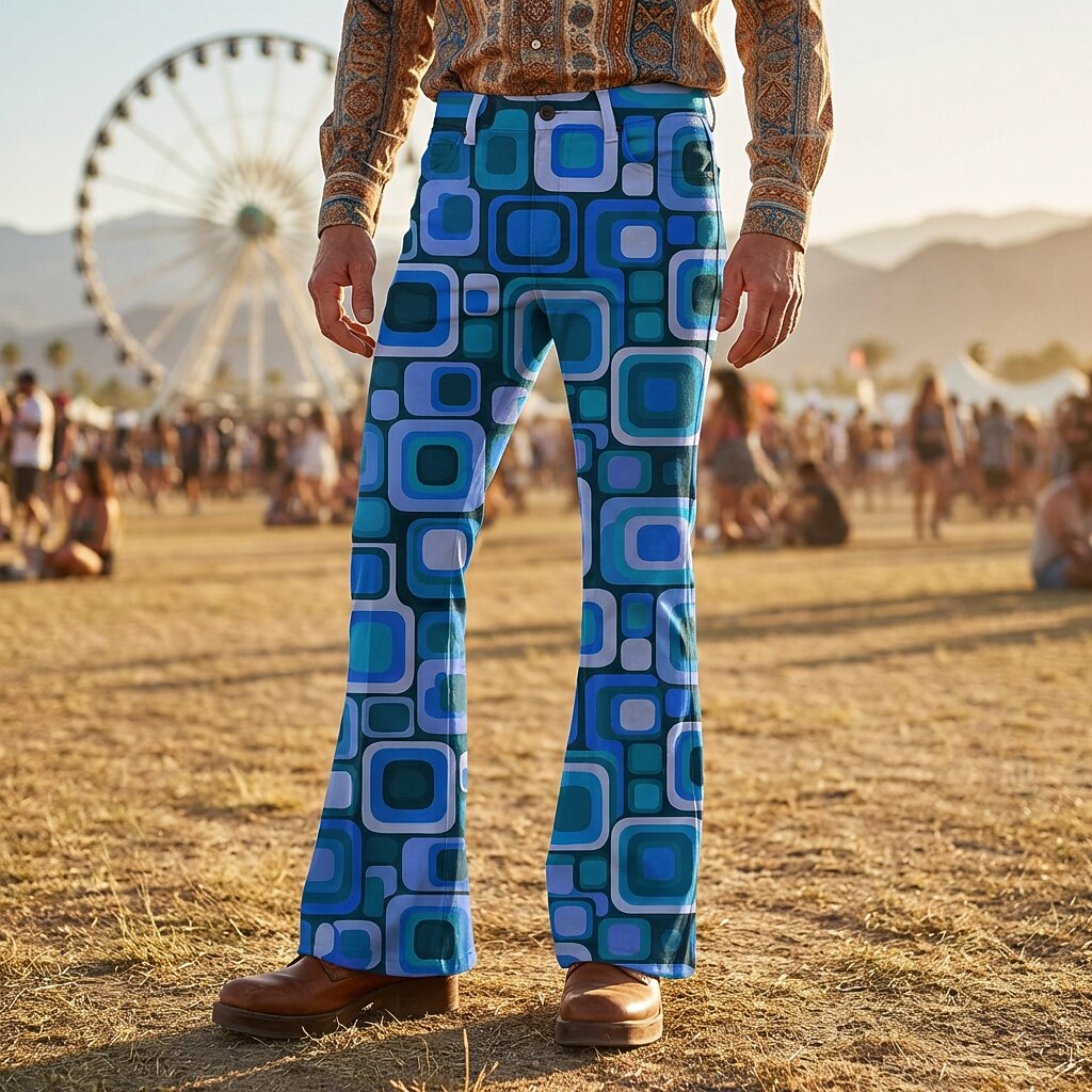 Retro 70s Geometric Square High Waist Wide Flared Trousers
