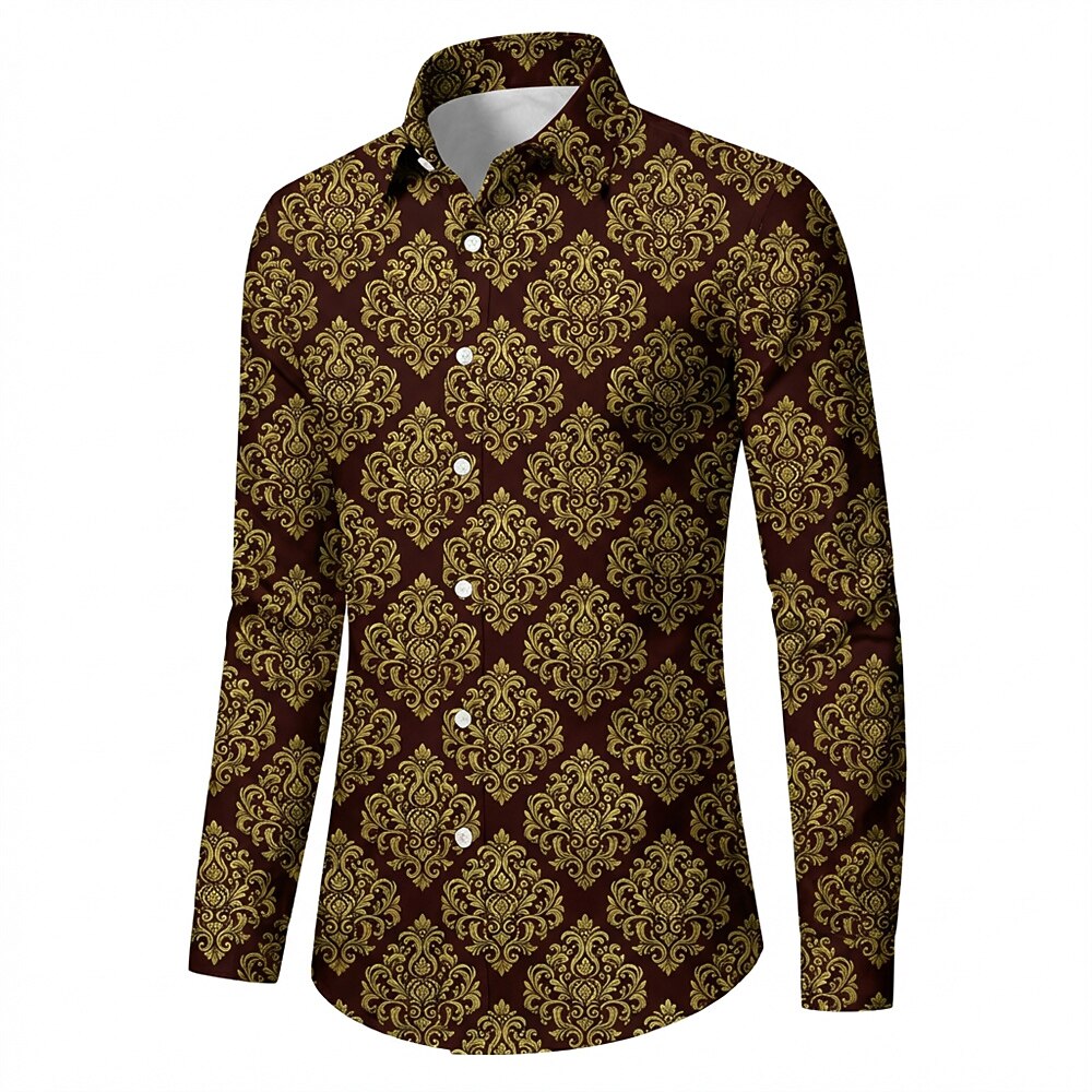 Retro 70S Vintage Ornate Damask Pattern Long Sleeves Collar Shirt