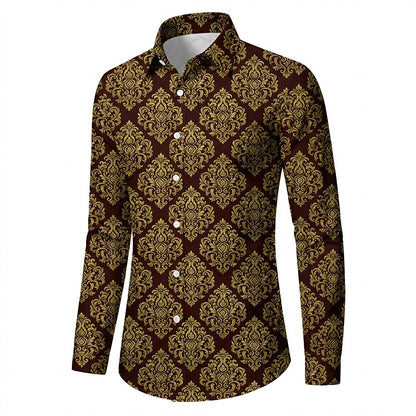 Retro 70S Vintage Ornate Damask Pattern Long Sleeves Collar Shirt