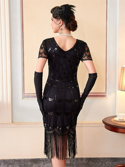 Black Sequin Pattern Flapper Dress