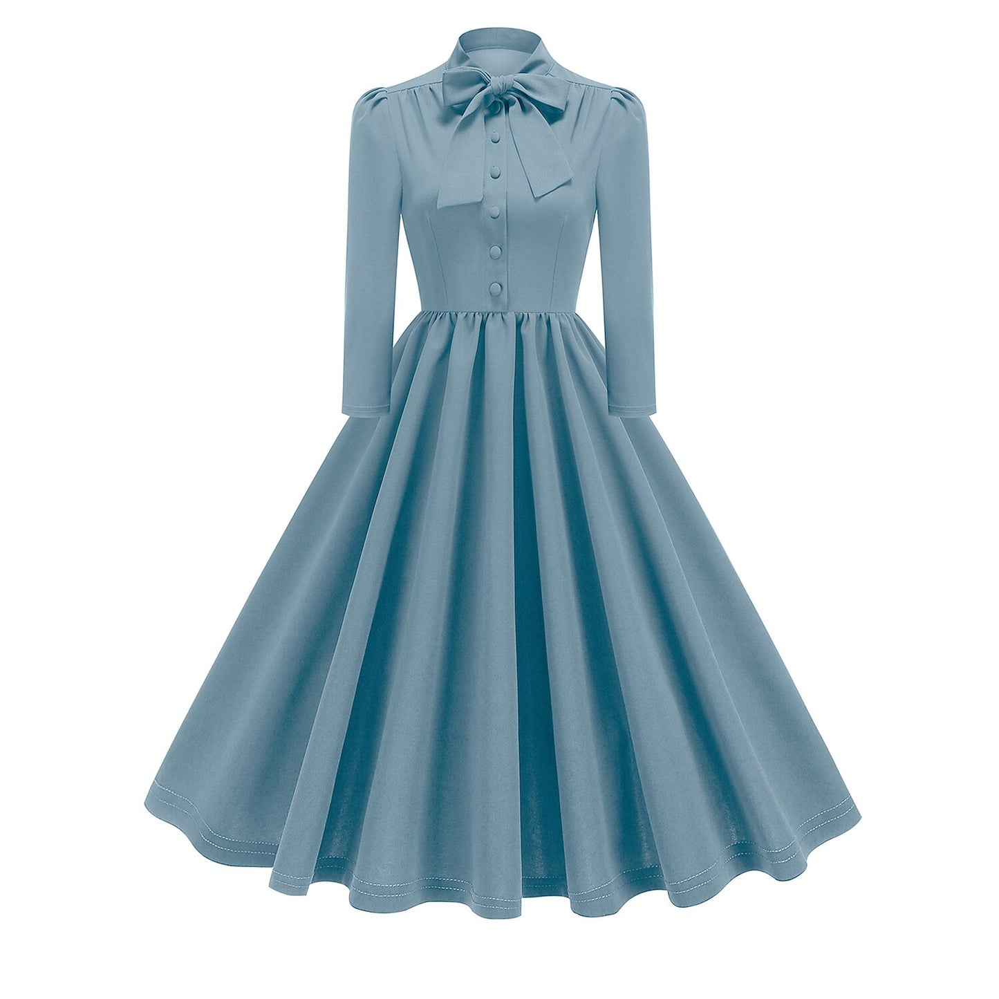 Women's 1950s Bow Tie Neck Long Sleeve A-Line Dress