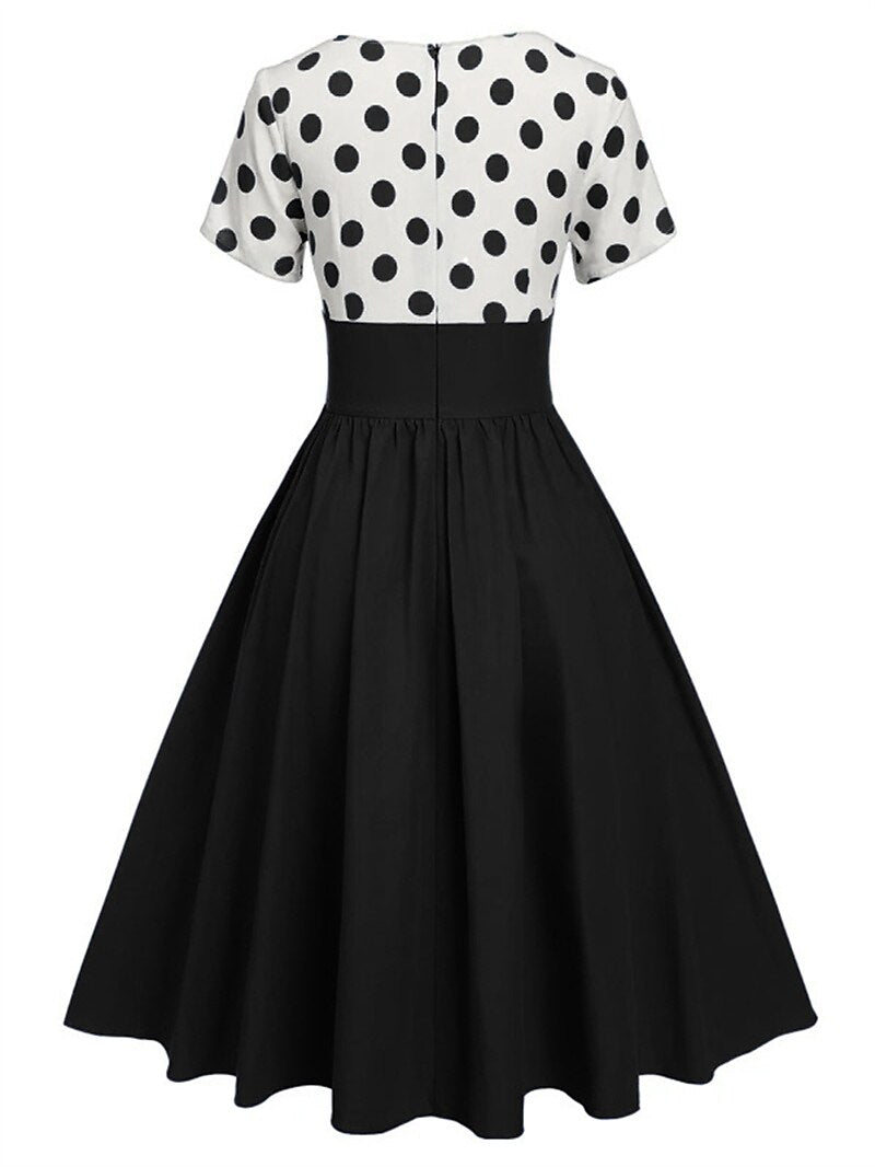 Women's 1950s Polka Dot V-Neck High Waist Swing Dress