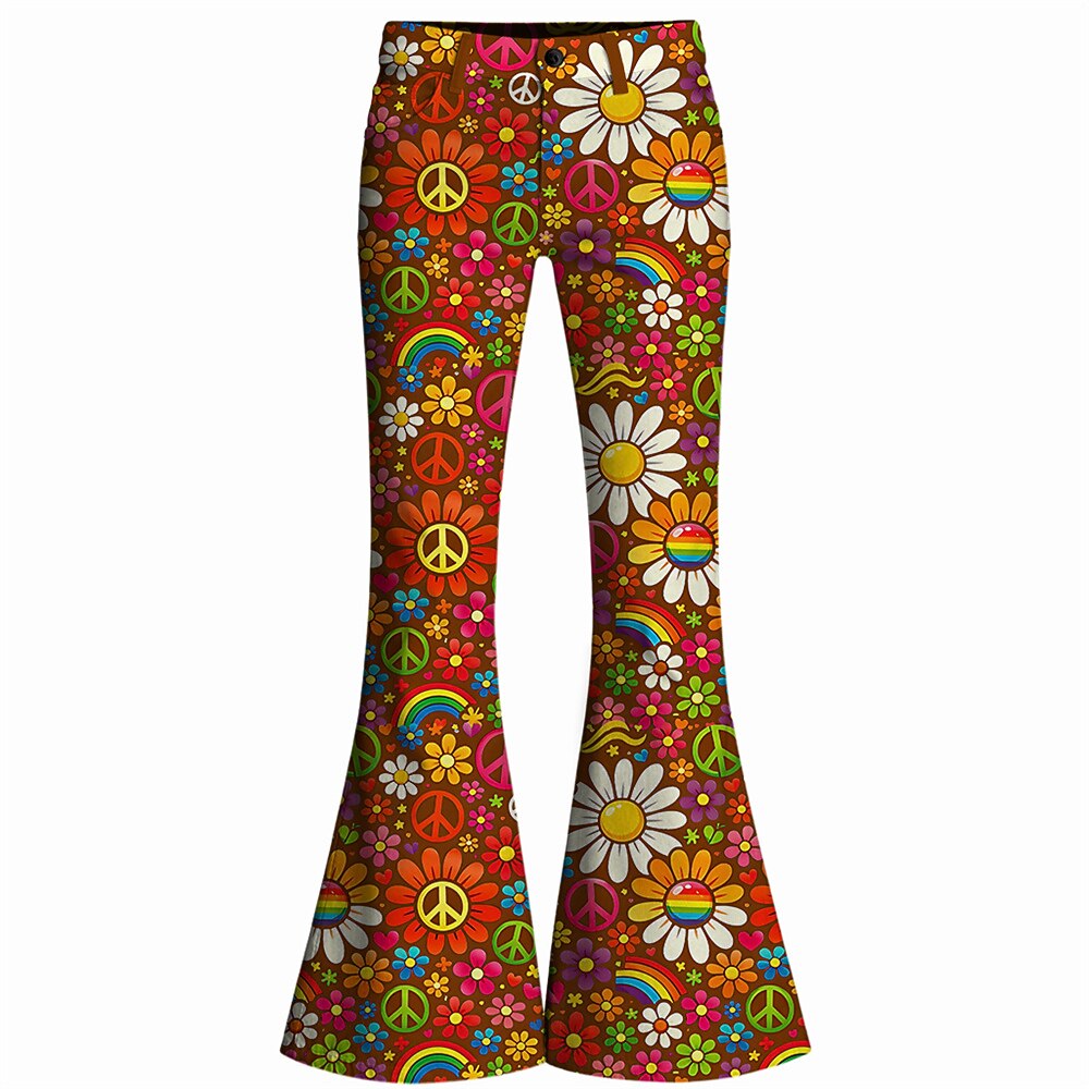 Retro 70s Peace Sign Floral Rainbow High Waist Wide Flared Trousers