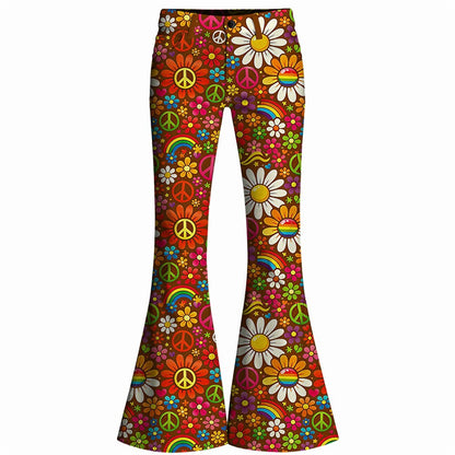 Retro 70s Peace Sign Floral Rainbow High Waist Wide Flared Trousers