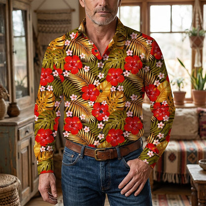 Retro 70S Tropical Hibiscus Palm Leaf Print Long Sleeves Collar Shirt