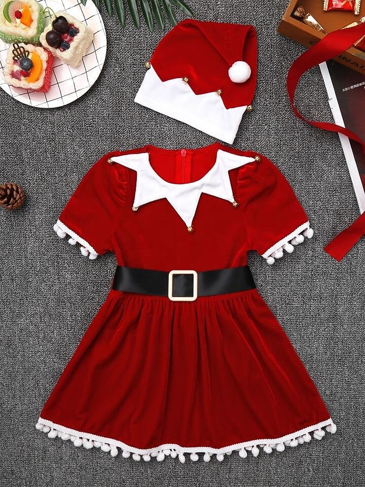 Girls' Christmas Elf Dress with Santa Hat