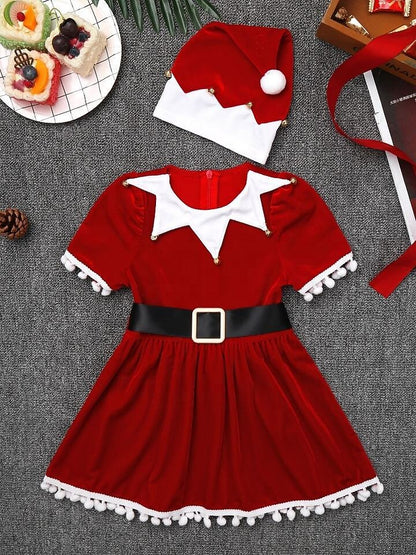 Girls' Christmas Elf Dress with Santa Hat