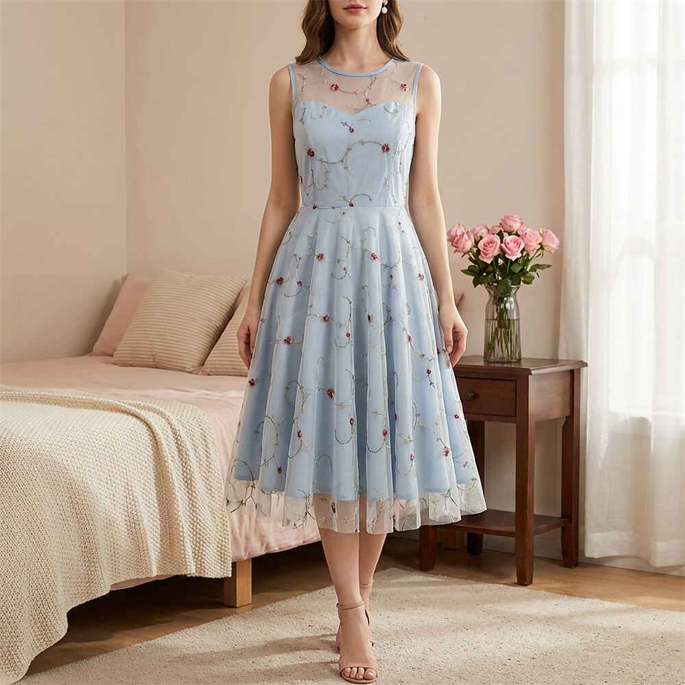 Embroidered Floral Tulle Midi Dress