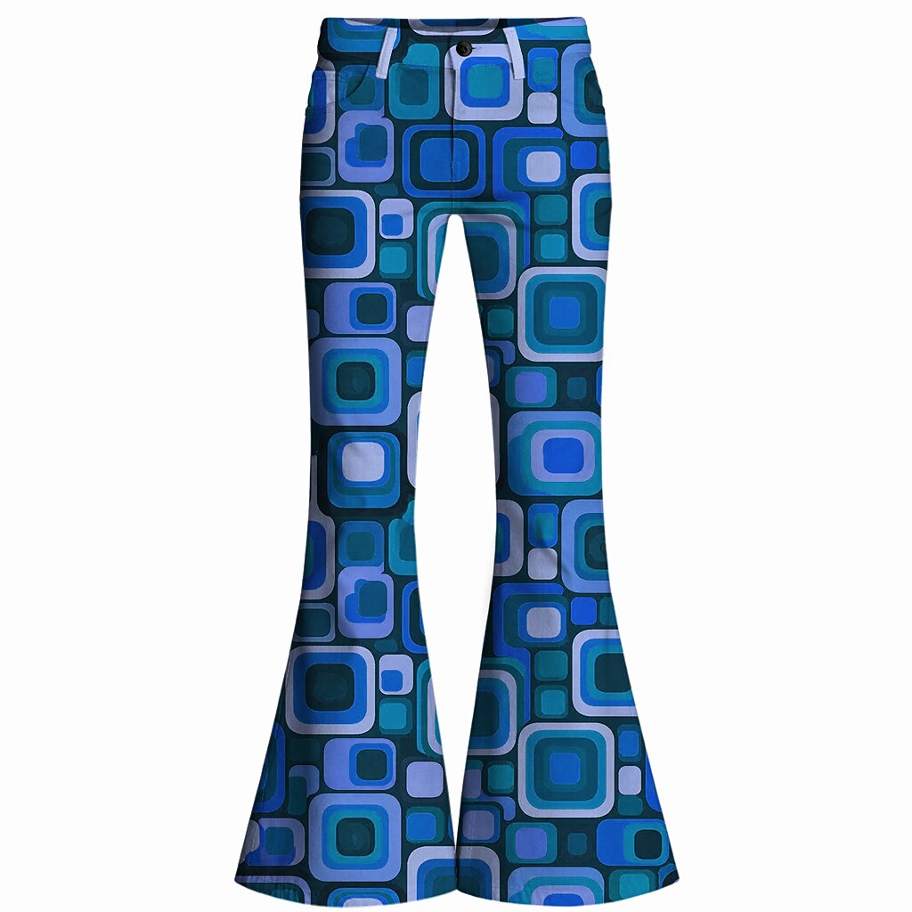 Retro 70s Geometric Square High Waist Wide Flared Trousers