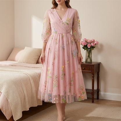 Floral Embroidered V-Neck Midi Dress