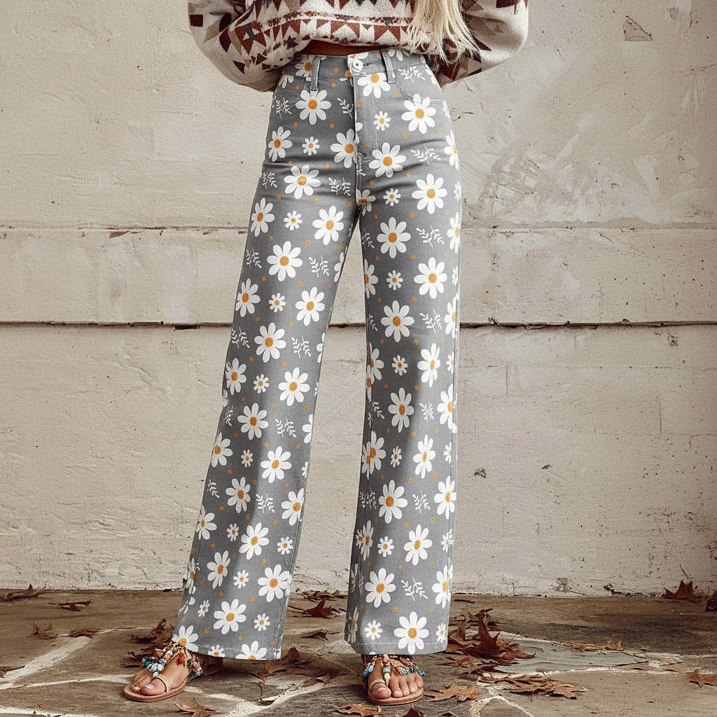 Retro 70s Daisy High Waist Wide Flared Trousers