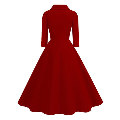 Women's 1950s Solid Color Peter Pan Collar Long Sleeve Flare Dress